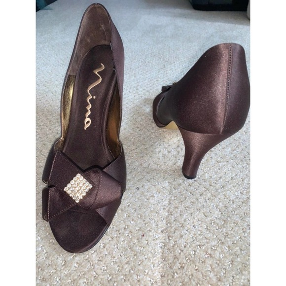 Nina Chocolate Brown Rhinestone Peep Toe Heels - Picture 4 of 12